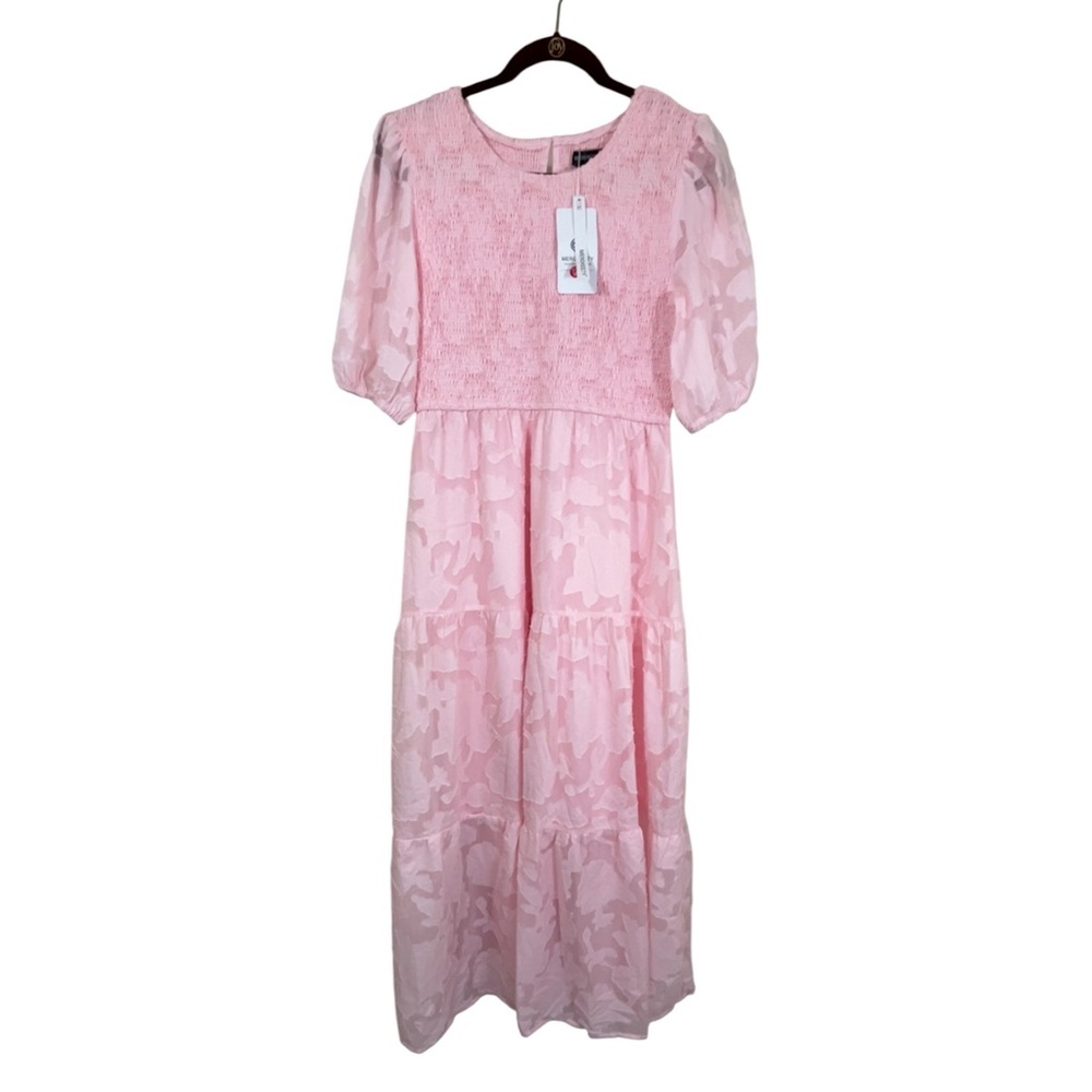 Merokeety Pink Short Puff Sleeve Midi-Dress Floral Design. Size Medium - Picture 5 of 14